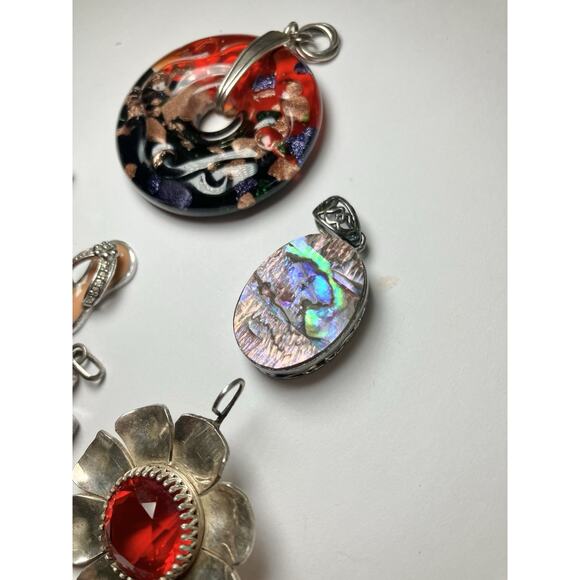 Vtg 925 Sterling Silver Pendant Lot Large Glass Resin Shell Cross Greek Mexico - Picture 5 of 8